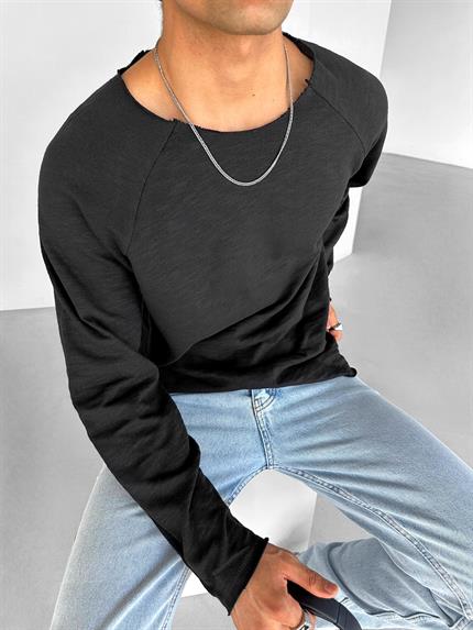Erkek Geniş Yaka Uzun Kollu Basic Sweatshirt Siyah
