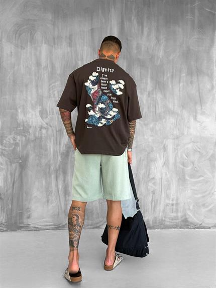 Erkek Yamalı Oversize T-Shirt Kahve