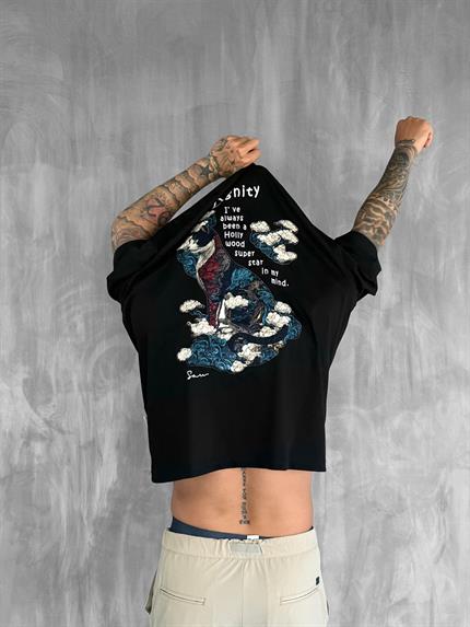 Erkek Yamalı Oversize T-Shirt Siyah