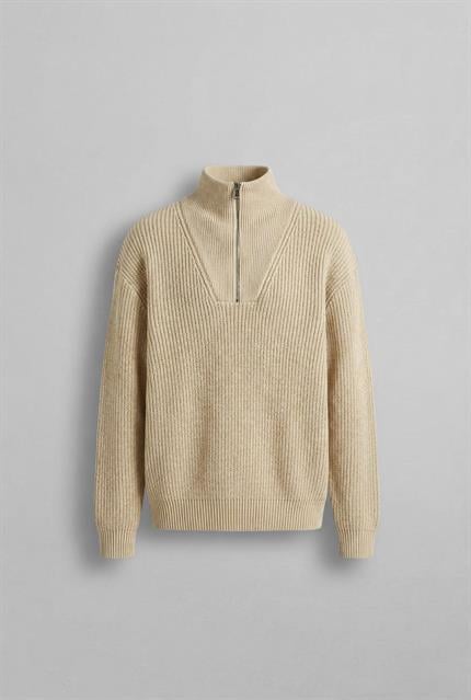 Erkek Yarım Fermuarlı Örme Kazak Bej