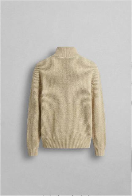 Erkek Yarım Fermuarlı Örme Kazak Bej