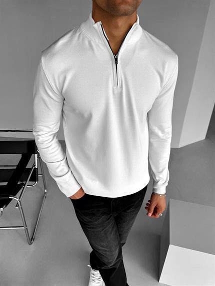 Erkek Yarım Fermuarlı Polo Yaka Kazak Ekru