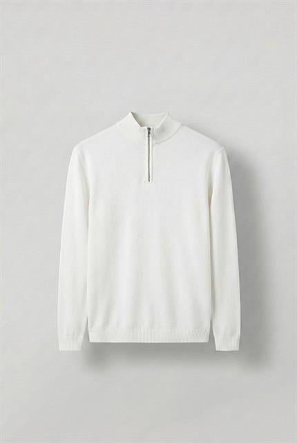 Erkek Yarım Fermuarlı Polo Yaka Kazak Ekru