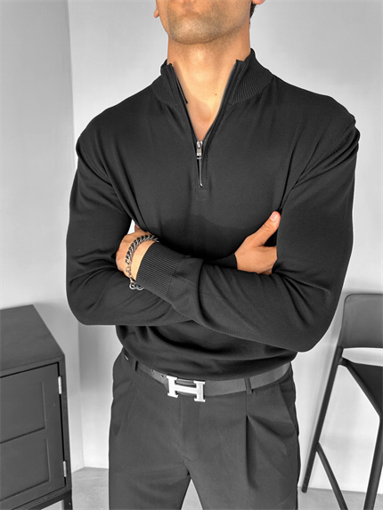 Erkek Yarım Fermuarlı Polo Yaka Kazak Siyah