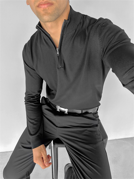 Erkek Yarım Fermuarlı Polo Yaka Kazak Siyah