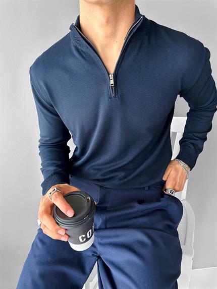 Erkek Yarım Fermuarlı Polo Yaka Kazak Lacivert