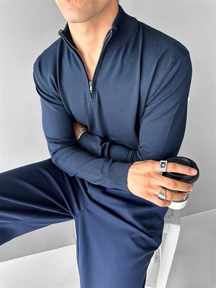 Erkek Yarım Fermuarlı Polo Yaka Kazak Lacivert