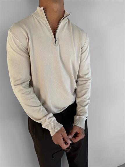 Erkek Yarım Fermuarlı Polo Yaka Kazak Bej