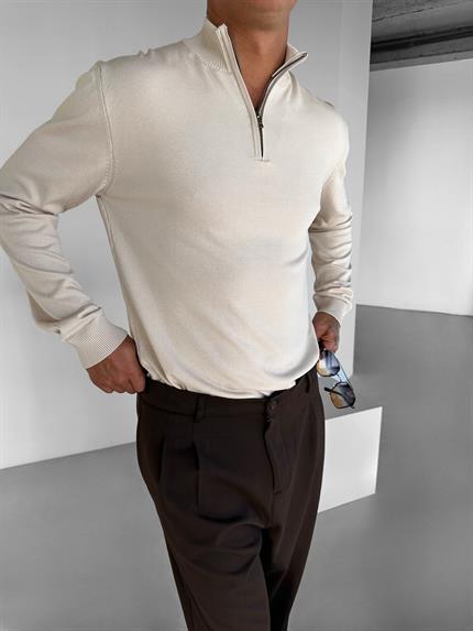 Erkek Yarım Fermuarlı Polo Yaka Kazak Bej