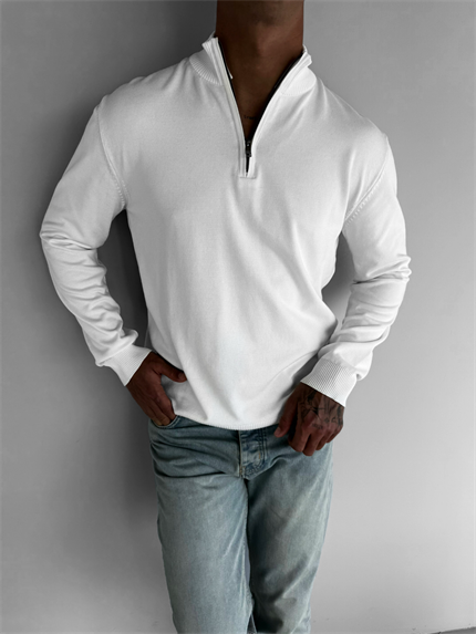 Erkek Yarım Fermuarlı Polo Yaka Kazak Ekru