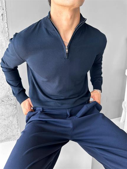 Erkek Yarım Fermuarlı Polo Yaka Kazak Lacivert