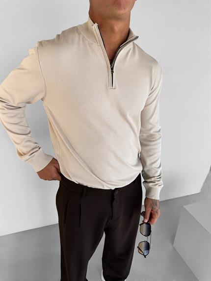 Erkek Yarım Fermuarlı Polo Yaka Kazak Bej