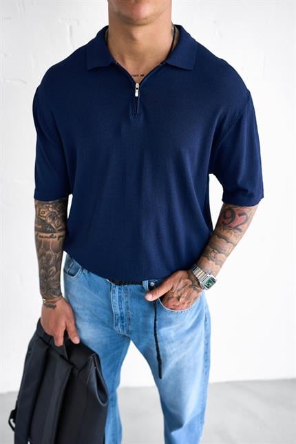 Erkek Yarım Fermuarlı Polo Yaka T-Shirt Lacivert
