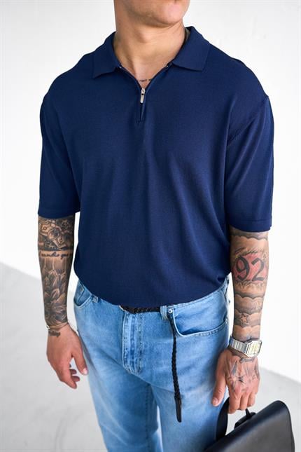 Erkek Yarım Fermuarlı Polo Yaka T-Shirt Lacivert