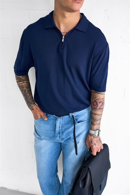 Erkek Yarım Fermuarlı Polo Yaka T-Shirt Lacivert