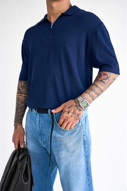 Erkek Yarım Fermuarlı Polo Yaka T-Shirt Lacivert