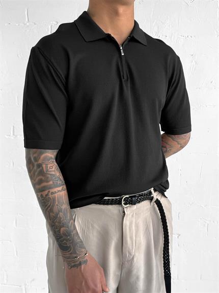 Erkek Yarım Fermuarlı Polo Yaka T-Shirt Siyah