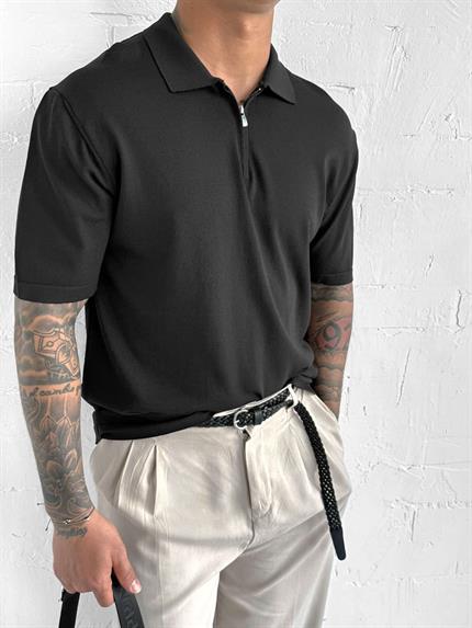 Erkek Yarım Fermuarlı Polo Yaka T-Shirt Siyah
