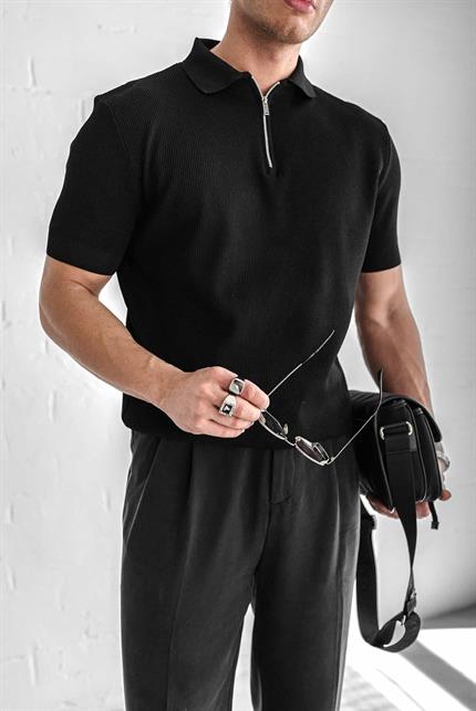 Erkek Yarım Fermuarlı Polo Yaka Triko T-Shirt Siyah