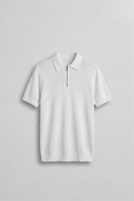 Erkek Yarım Fermuarlı Polo Yaka Triko T-Shirt Beyaz