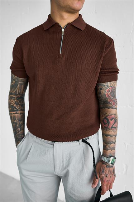 Erkek Yarım Fermuarlı Polo Yaka Triko T-Shirt Kahverengi