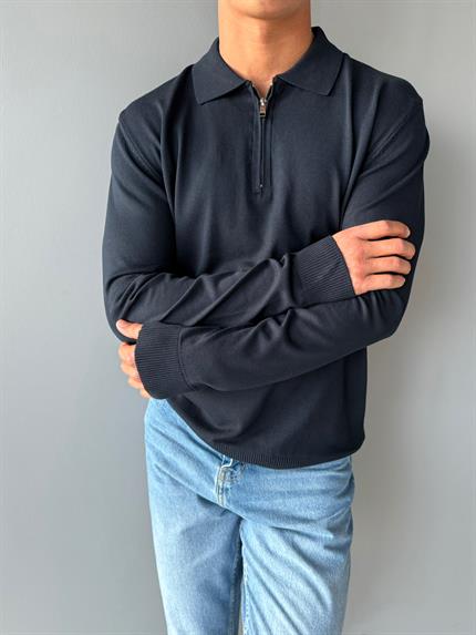 Erkek Yarım Fermuarlı Polo Yaka Triko Kazak Lacivert