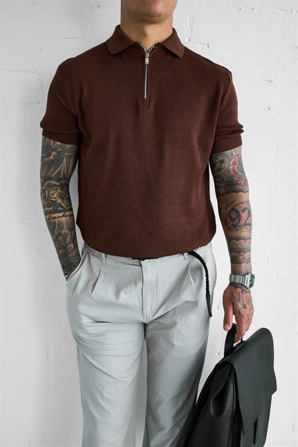Erkek Yarım Fermuarlı Polo Yaka Triko T-Shirt Kahverengi