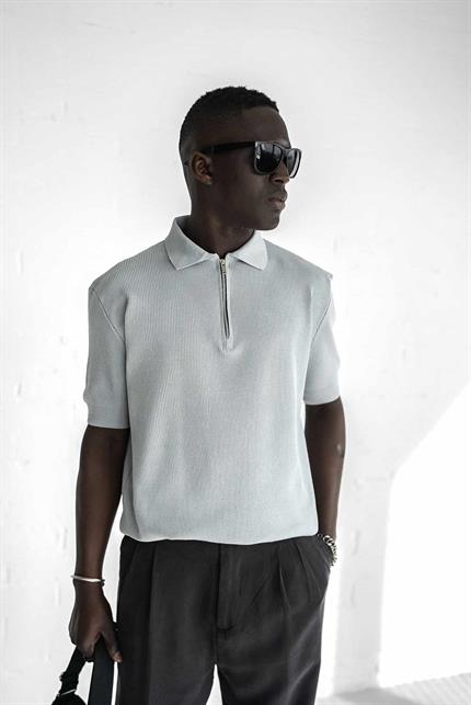 Erkek Yarım Fermuarlı Polo Yaka Triko T-Shirt Gri