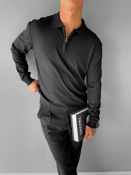 Erkek Yarım Fermuarlı Polo Yaka Triko Kazak Siyah