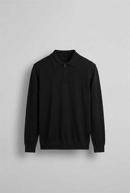 Erkek Yarım Fermuarlı Polo Yaka Triko Kazak Siyah