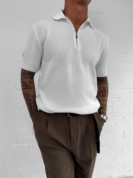 Erkek Yarım Fermuarlı Polo Yaka Triko T-Shirt Beyaz