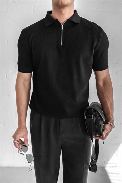 Erkek Yarım Fermuarlı Polo Yaka Triko T-Shirt Siyah