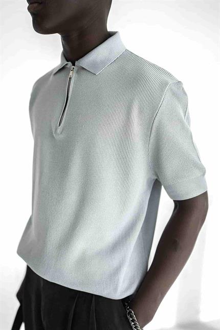 Erkek Yarım Fermuarlı Polo Yaka Triko T-Shirt Gri