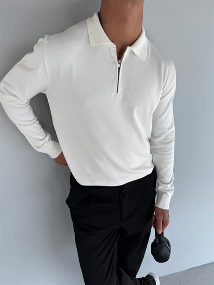 Erkek Yarım Fermuarlı Polo Yaka Triko Kazak Ekru