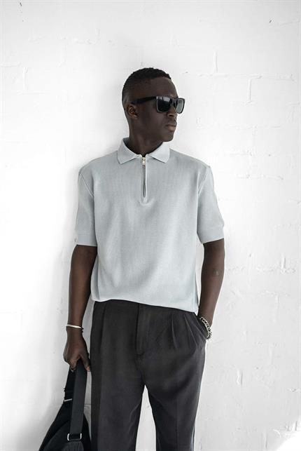 Erkek Yarım Fermuarlı Polo Yaka Triko T-Shirt Gri