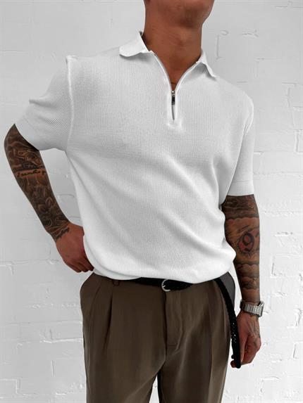Erkek Yarım Fermuarlı Polo Yaka Triko T-Shirt Beyaz