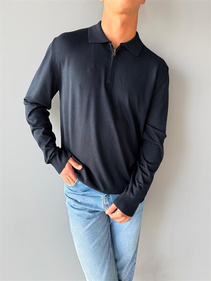 Erkek Yarım Fermuarlı Polo Yaka Triko Kazak Lacivert