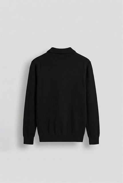 Erkek Yarım Fermuarlı Polo Yaka Triko Kazak Siyah