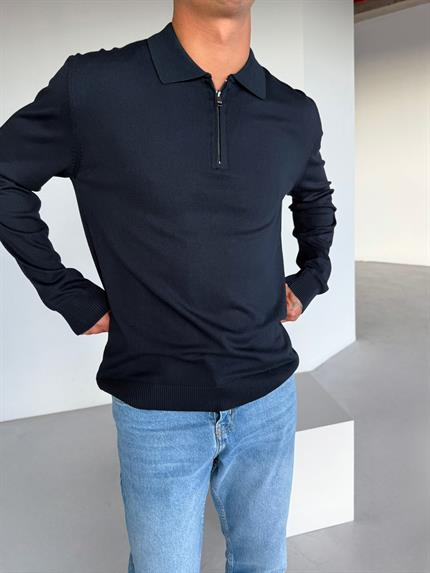 Erkek Yarım Fermuarlı Polo Yaka Triko Kazak Lacivert