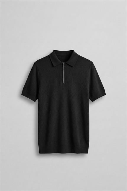 Erkek Yarım Fermuarlı Polo Yaka Triko T-Shirt Siyah