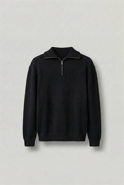 Erkek Yarım Fermuarlı Premium Kumaş Oversize Kazak Siyah