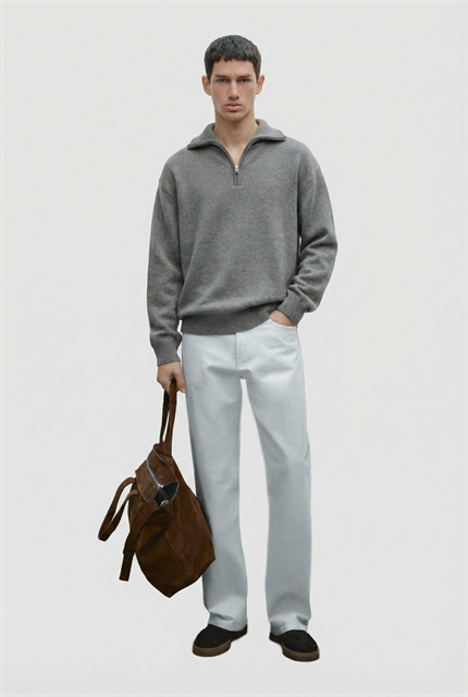 Erkek Yarım Fermuarlı Premium Kumaş Oversize Kazak Füme