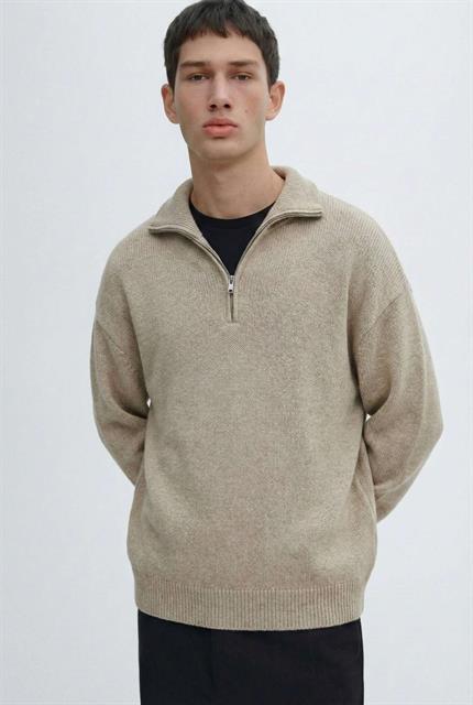 Erkek Yarım Fermuarlı Premium Kumaş Oversize Kazak Bej