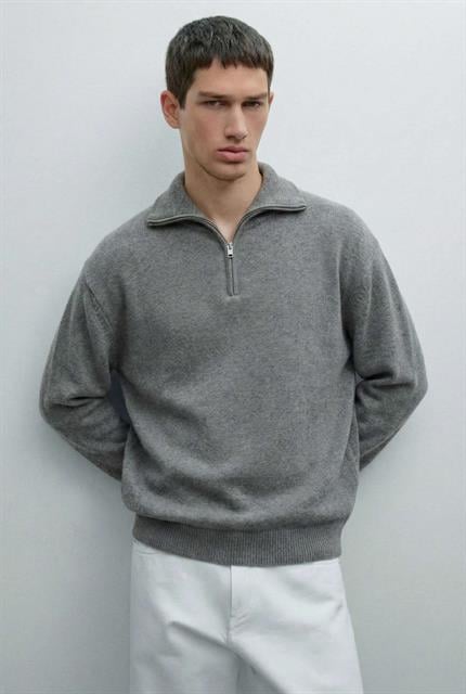 Erkek Yarım Fermuarlı Premium Kumaş Oversize Kazak Füme