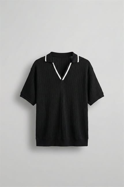 Erkek Yarım Pat V Yaka Desenli Triko T-Shirt Siyah Beyaz