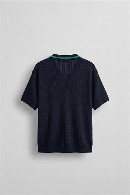 Erkek Yarım Pat V Yaka Desenli Triko T-Shirt Lacivert Yeşil