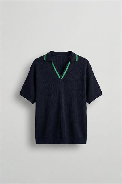 Erkek Yarım Pat V Yaka Desenli Triko T-Shirt Lacivert Yeşil