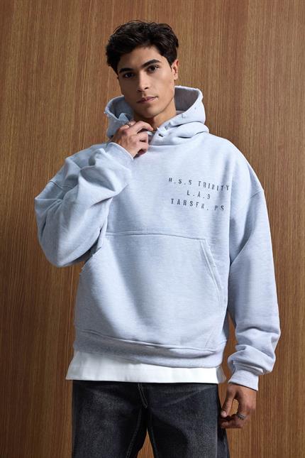Erkek Yazı Baskılı Gramajlı Urban Hoodie Gri