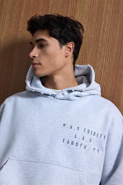 Erkek Yazı Baskılı Gramajlı Urban Hoodie Gri