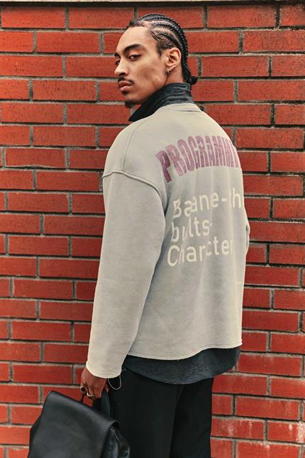 Erkek Yazı Baskılı Oversize Sweatshirt Gri